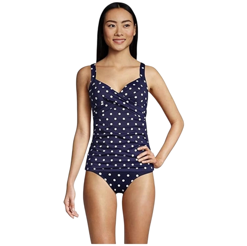 Lands End Swim Tankini Top 12 DDDNavy Blue White Polka Dots